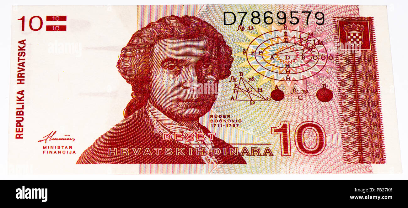 VELIKIE LUKI, RUSSIA - JULY 30, 2015: 10 Hrvatski dinar bank note. Croatian dinar is the former currency of Croatia Stock Photo