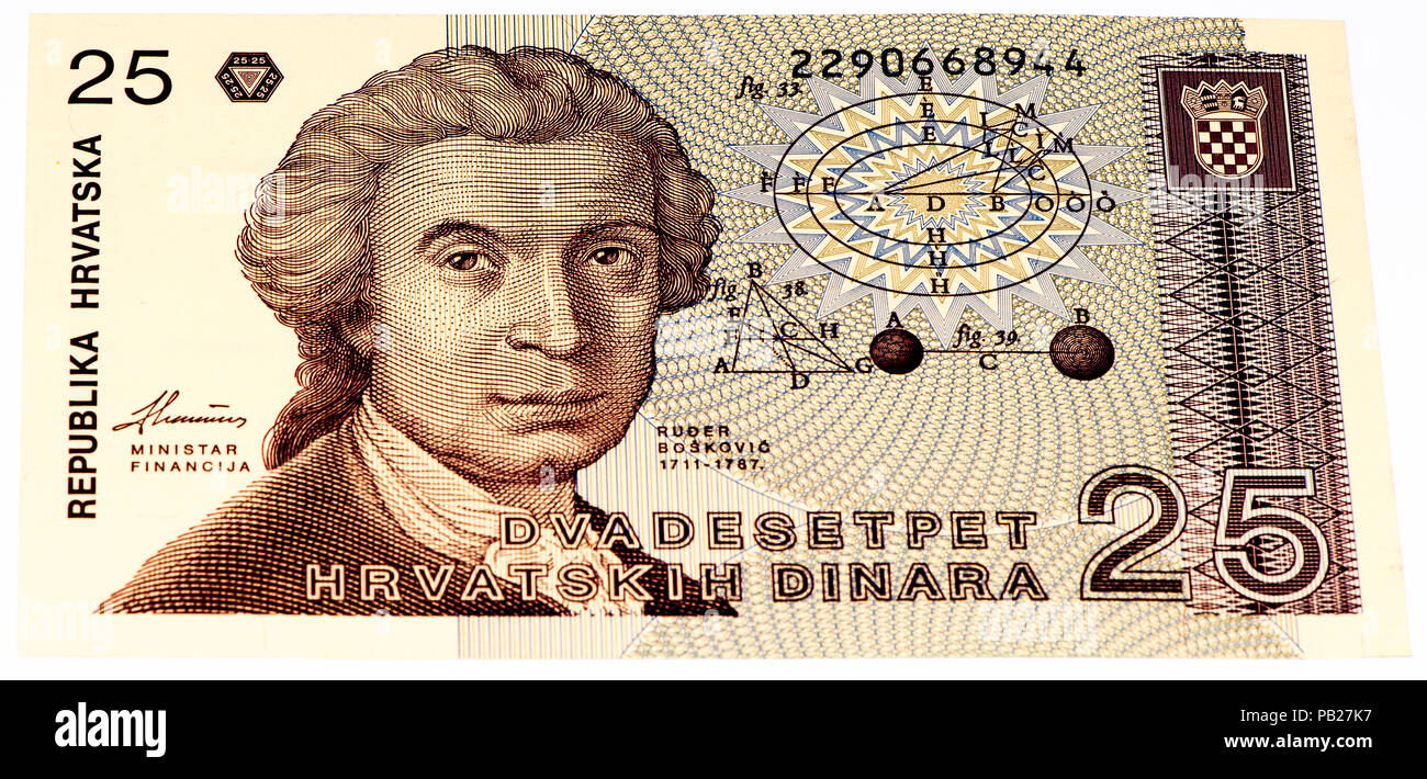 VELIKIE LUKI, RUSSIA - JULY 30, 2015: 25 Hrvatski dinar bank note. Croatian dinar is the former currency of Croatia Stock Photo