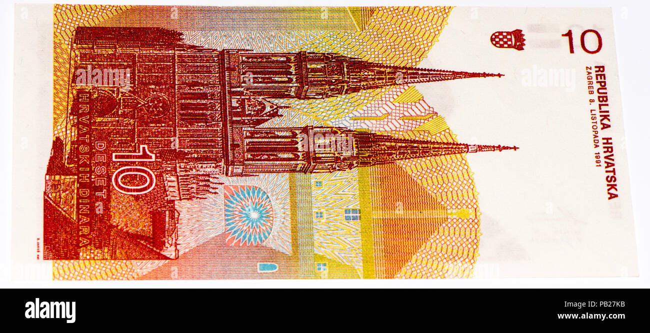 VELIKIE LUKI, RUSSIA - JULY 30, 2015: 10 Hrvatski dinar bank note. Croatian dinar is the former currency of Croatia Stock Photo