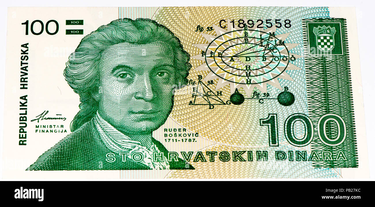 VELIKIE LUKI, RUSSIA - JULY 30, 2015: 100 Hrvatski dinar bank note. Croatian dinar is the former currency of Croatia Stock Photo