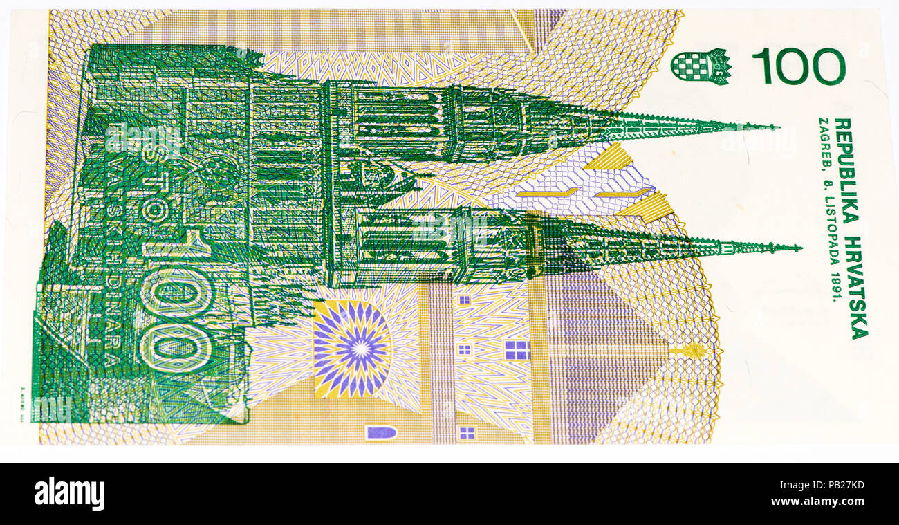 VELIKIE LUKI, RUSSIA - JULY 30, 2015: 100 Hrvatski dinar bank note. Croatian dinar is the former currency of Croatia Stock Photo