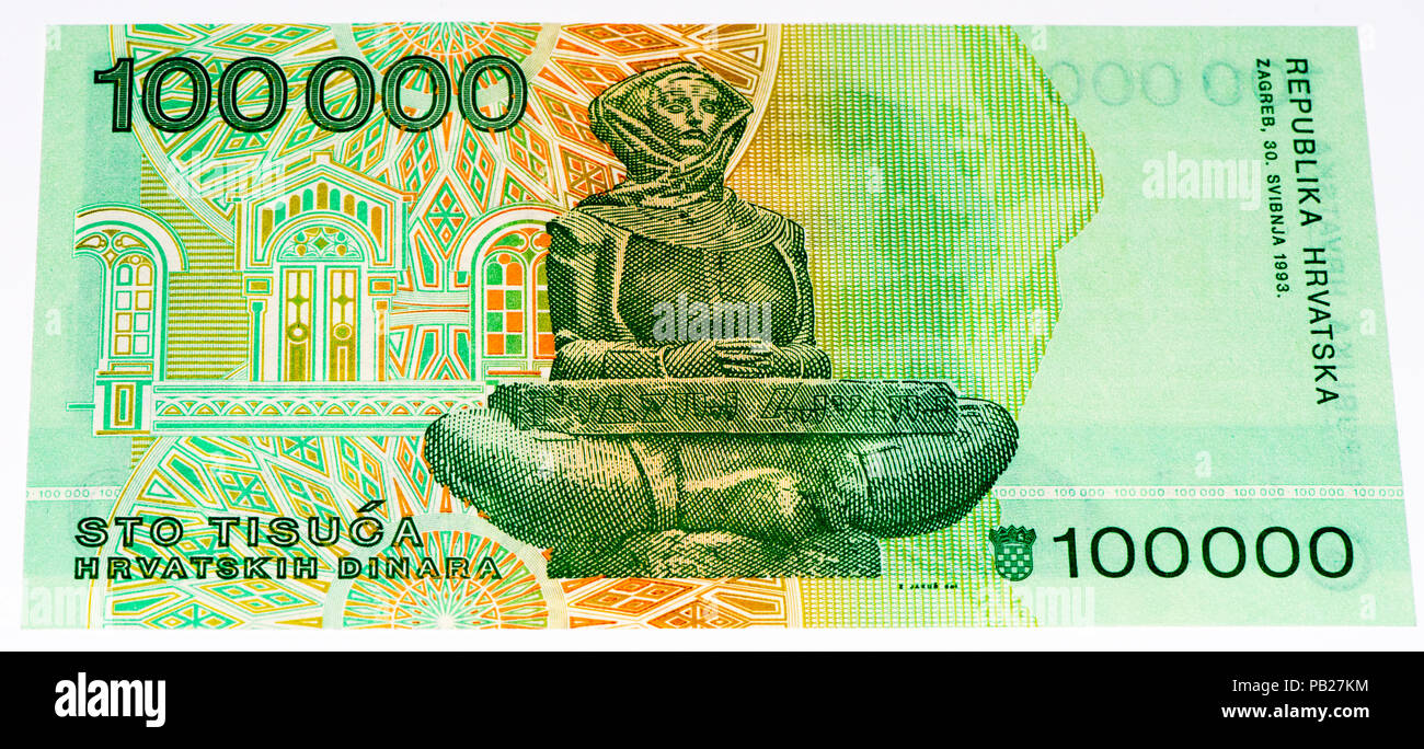 VELIKIE LUKI, RUSSIA - JULY 30, 2015: 100000 Hrvatski dinar bank note. Croatian dinar is the former currency of Croatia Stock Photo