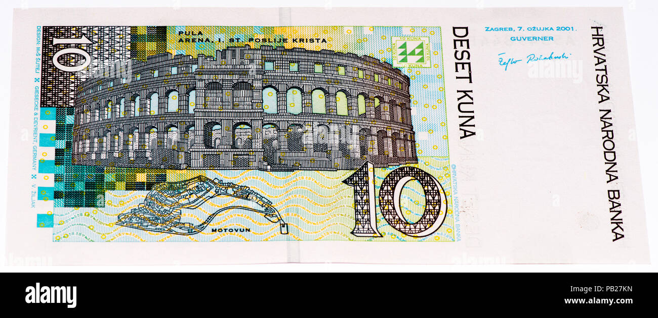 VELIKIE LUKI, RUSSIA - JULY 30, 2015: 10 Croatian kunas bank note. Kuna is the national currency of Croatia Stock Photo