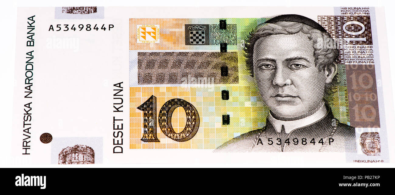 VELIKIE LUKI, RUSSIA - JULY 30, 2015: 10 Croatian kunas bank note. Kuna is the national currency of Croatia Stock Photo