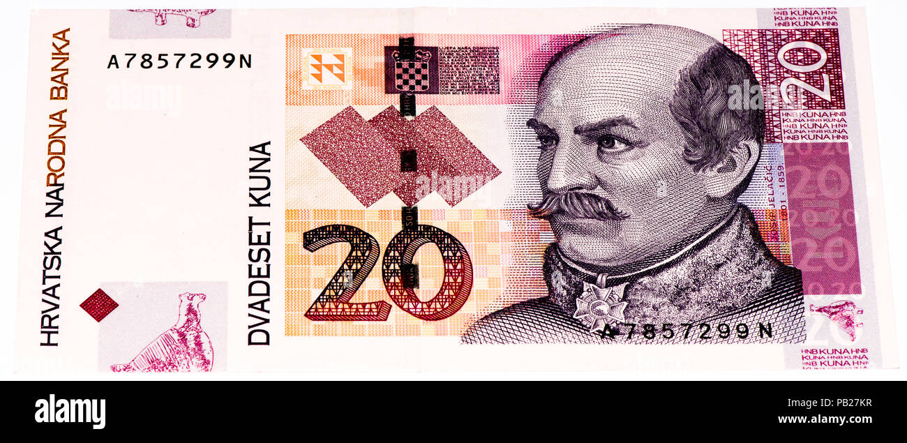 VELIKIE LUKI, RUSSIA - JULY 30, 2015: 20 Croatian kunas bank note. Kuna is the national currency of Croatia Stock Photo