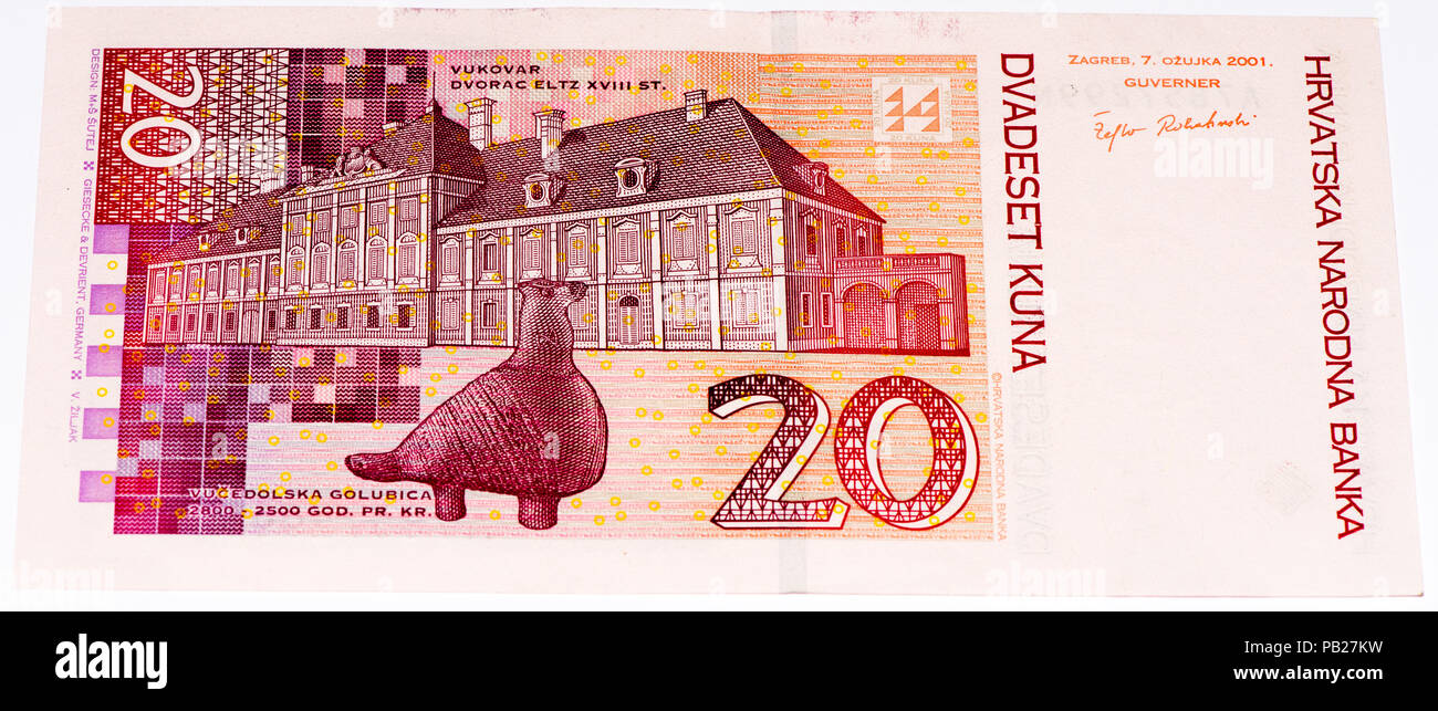 VELIKIE LUKI, RUSSIA - JULY 30, 2015: 20 Croatian kunas bank note. Kuna is the national currency of Croatia Stock Photo
