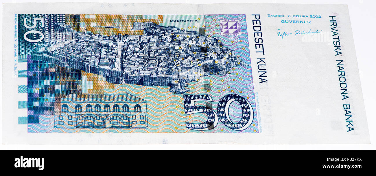 VELIKIE LUKI, RUSSIA - JULY 30, 2015: 50 Croatian kunas bank note. Kuna is the national currency of Croatia Stock Photo