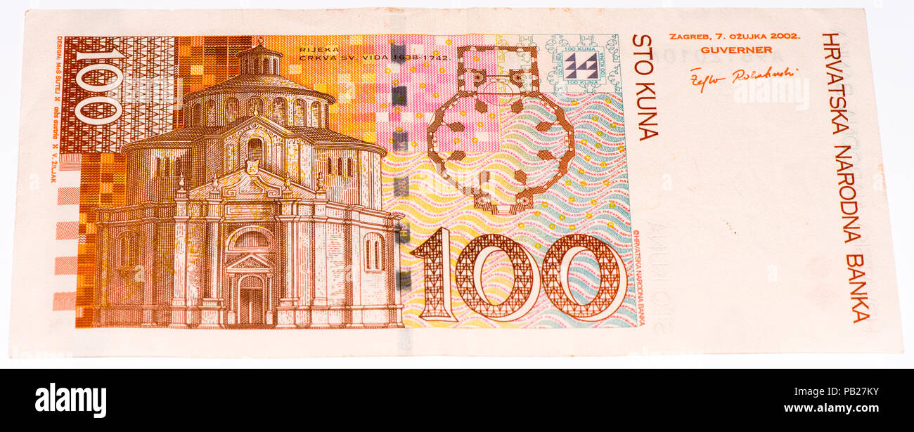VELIKIE LUKI, RUSSIA - JULY 30, 2015: 100 Croatian kunas bank note. Kuna is the national currency of Croatia Stock Photo