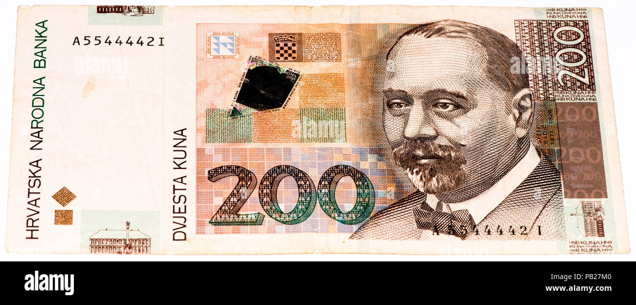 VELIKIE LUKI, RUSSIA - JULY 30, 2015: 200 Croatian kunas bank note. Kuna is the national currency of Croatia Stock Photo