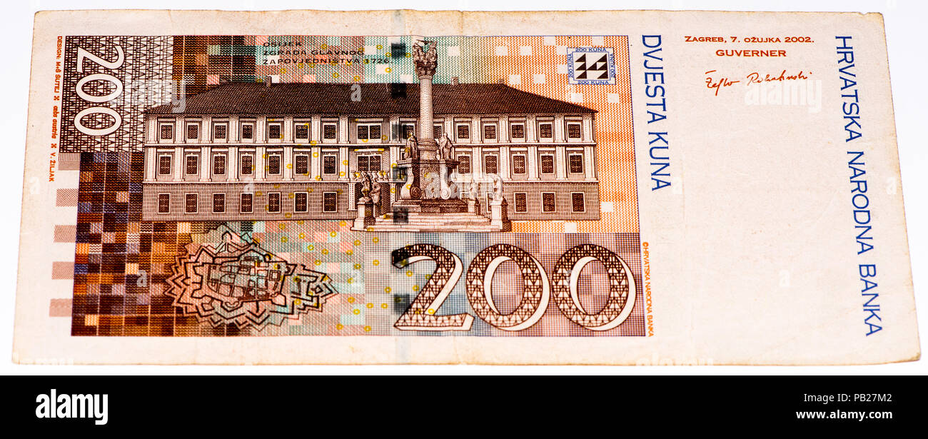 VELIKIE LUKI, RUSSIA - JULY 30, 2015: 200 Croatian kunas bank note. Kuna is the national currency of Croatia Stock Photo