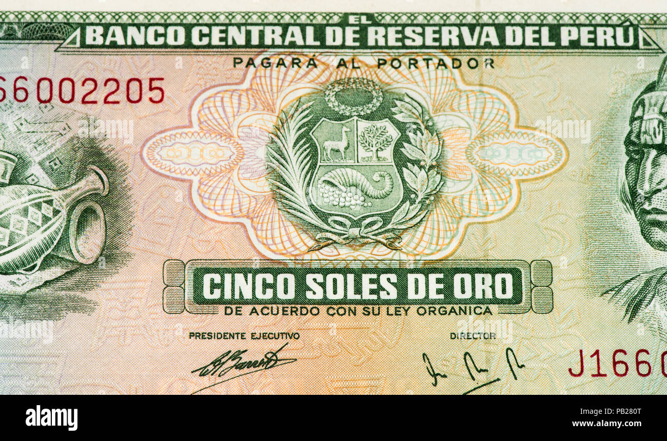 5 soles de oro bank note. Soles de oro is the national currency of Peru