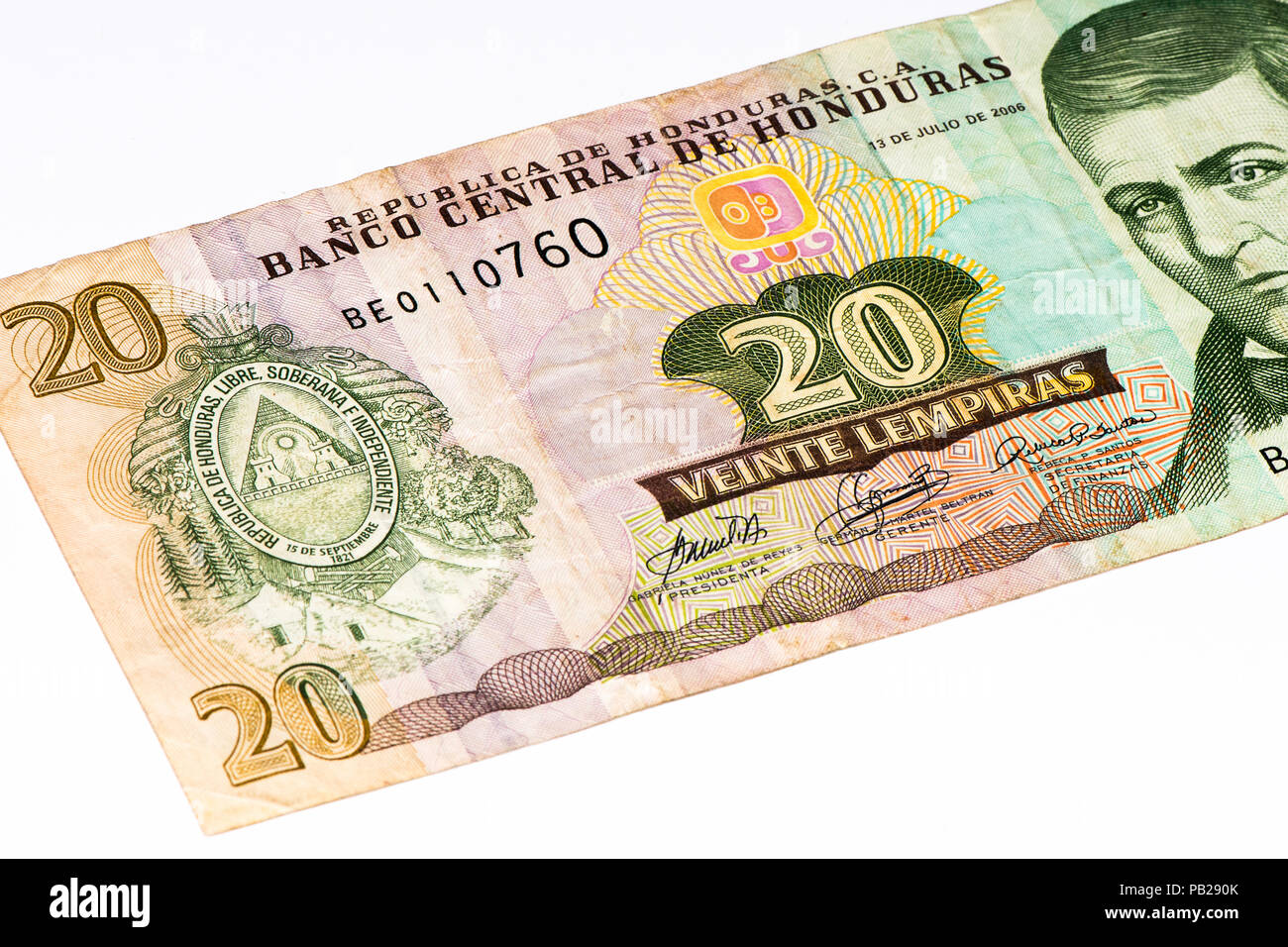 20 lempiras bank note. Lempira is the national currency of Honduras