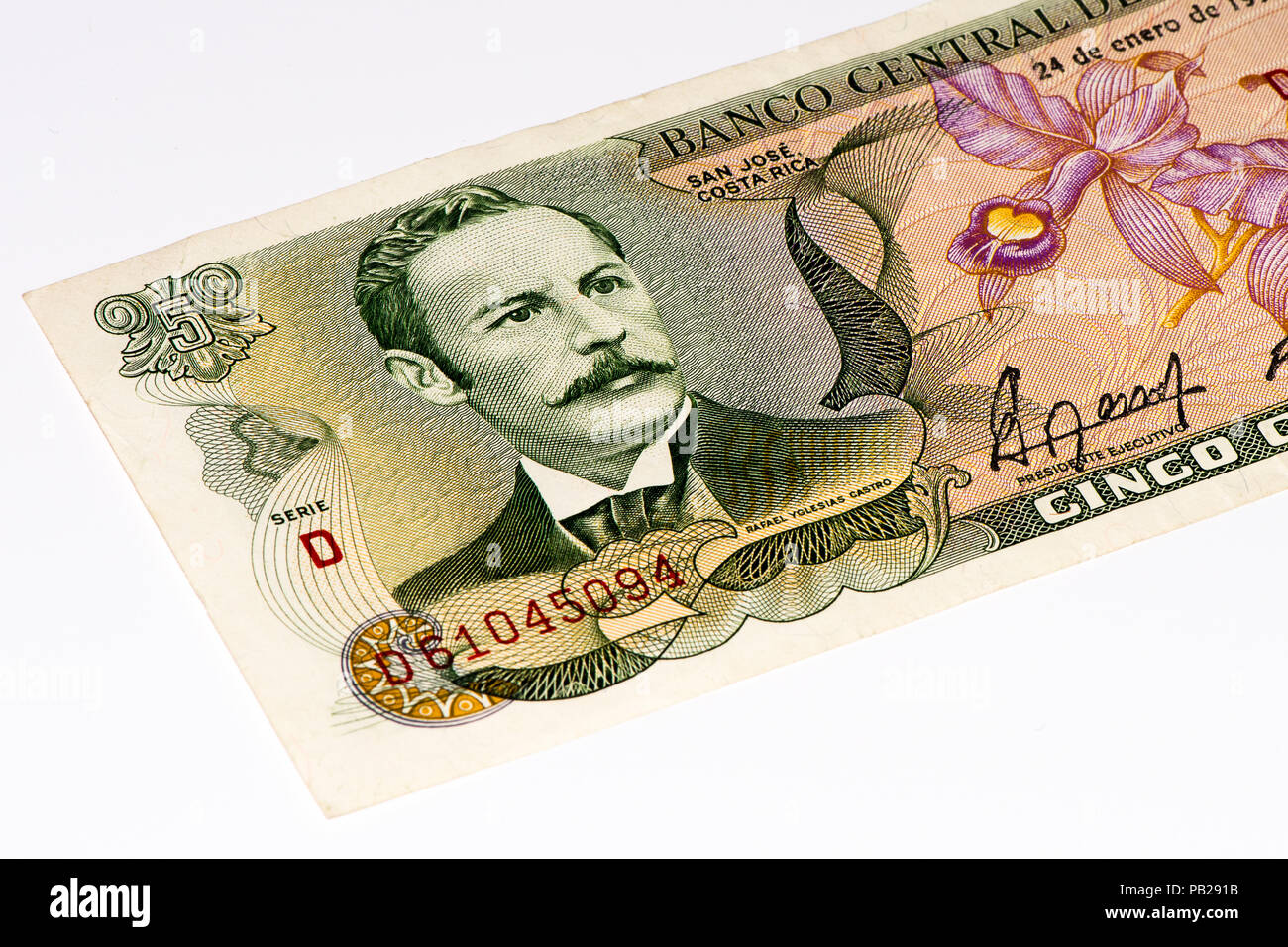 5 Costa Rican colones bank note. Colones is the national currency of