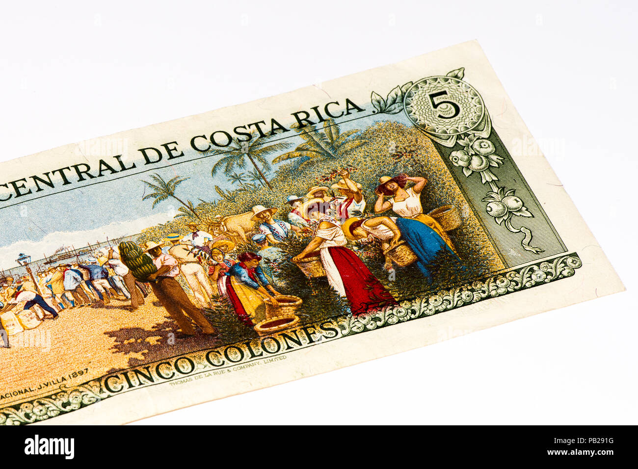 5 Costa Rican colones bank note. Colones is the national currency of