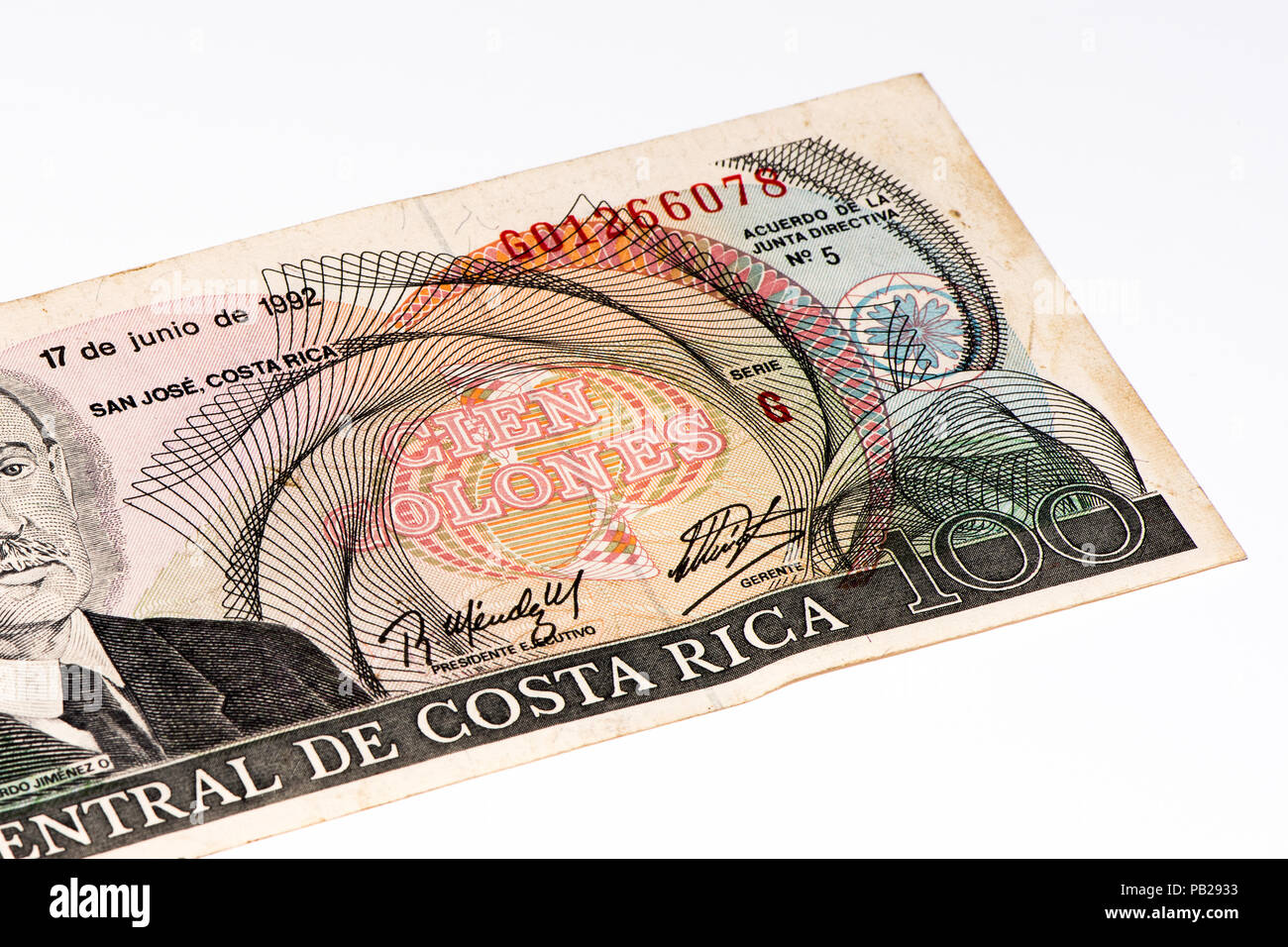 100 Costa Rican colones bank note. Colones is the national currency of