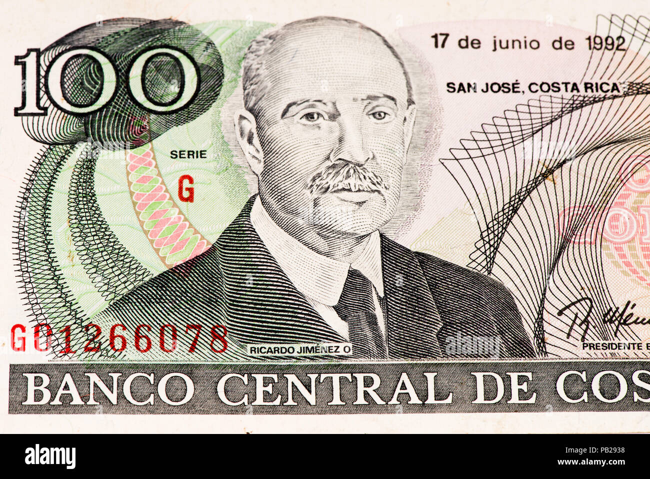 100 Costa Rican colones bank note. Colones is the national currency of