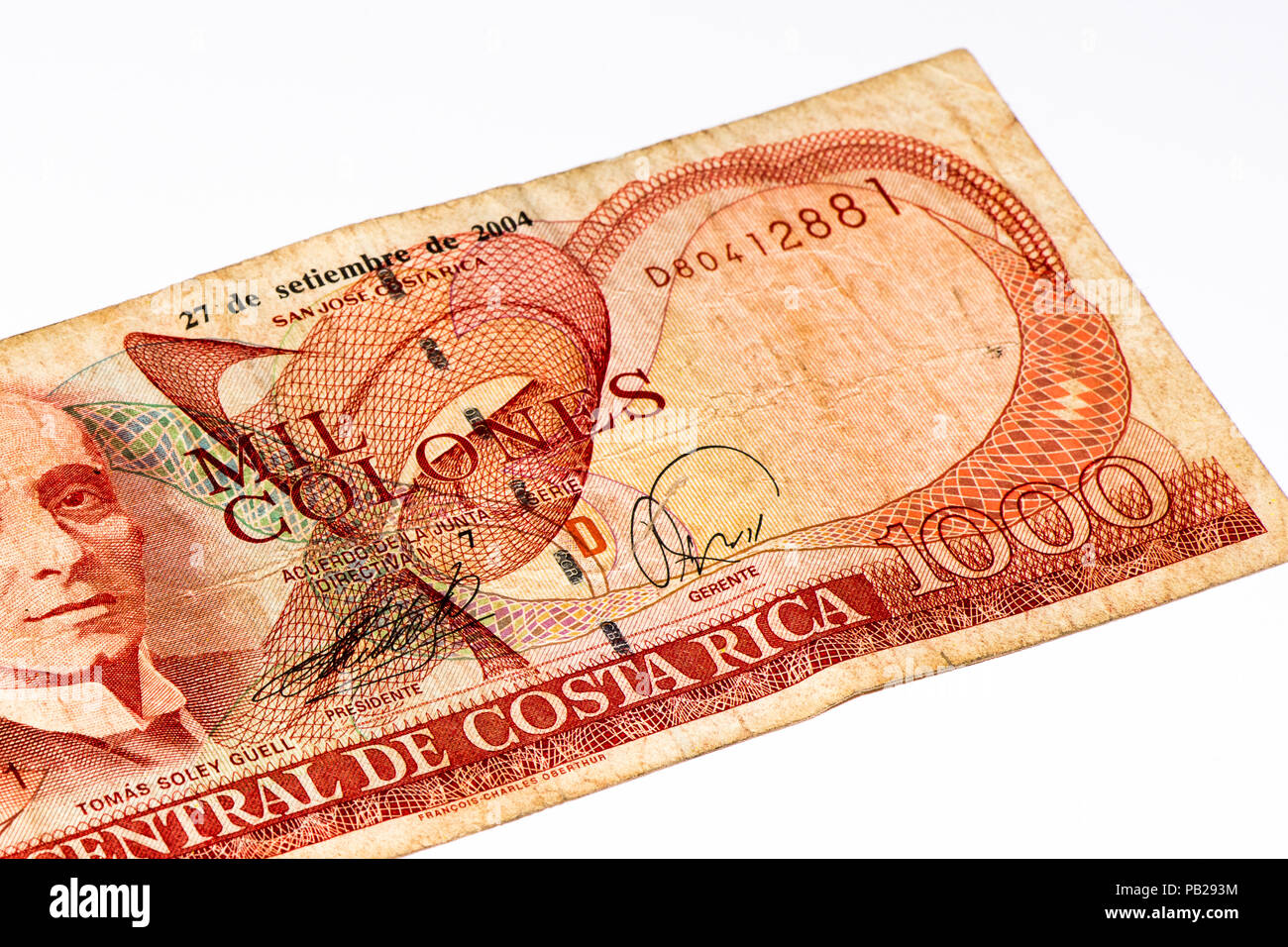 1000 Costa Rican colones bank note. Colones is the national currency of