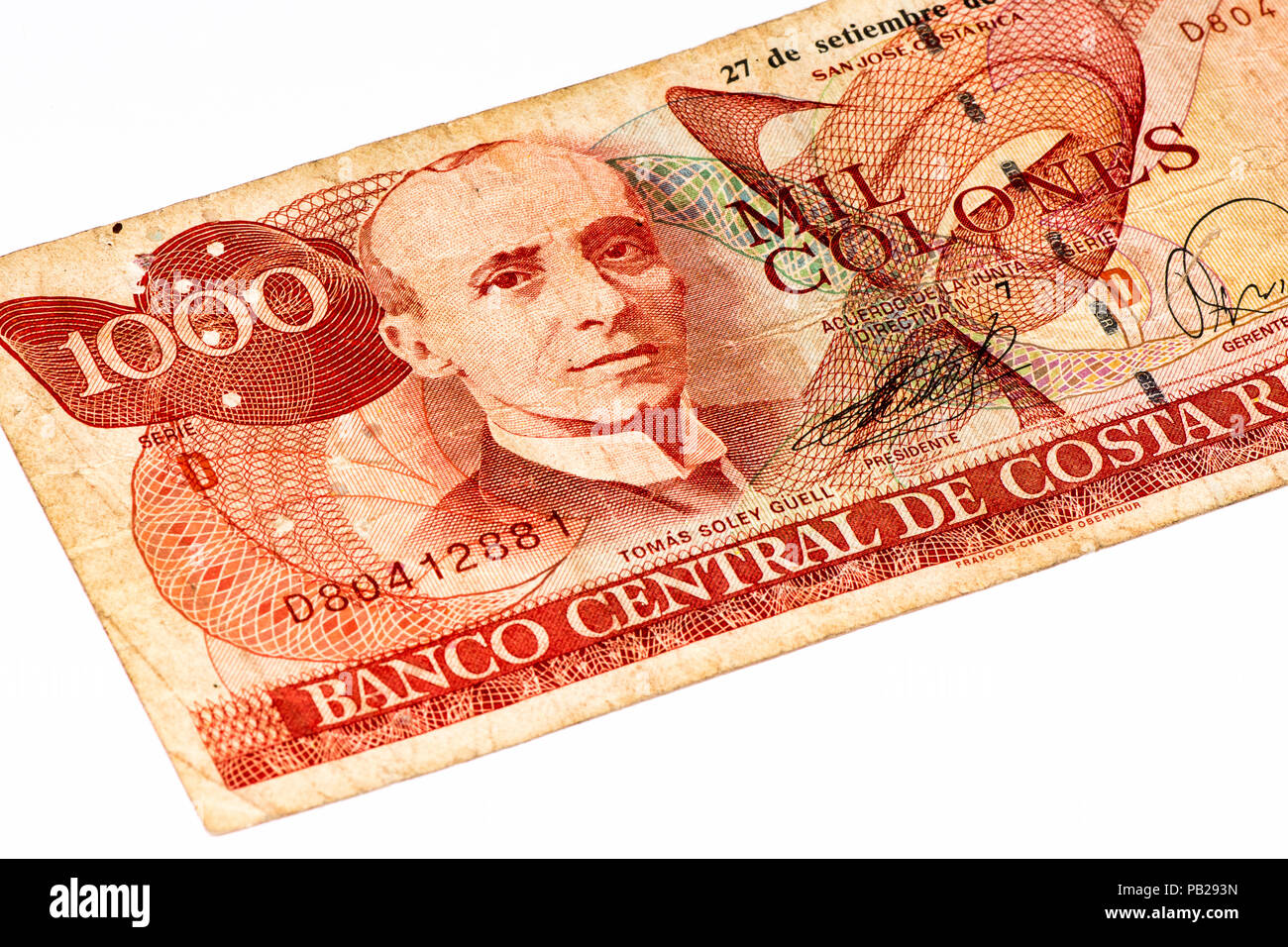 1000 Costa Rican colones bank note. Colones is the national currency of