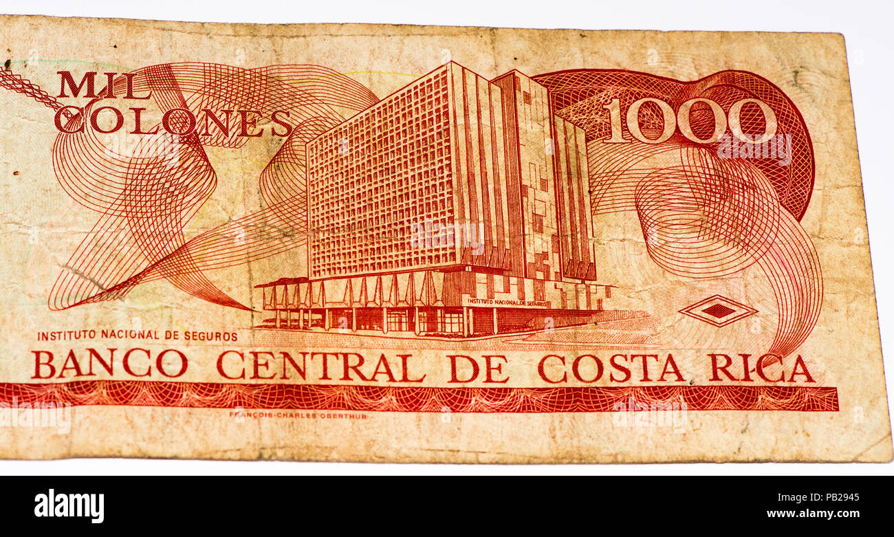 1000 Costa Rican colones bank note. Colones is the national currency of