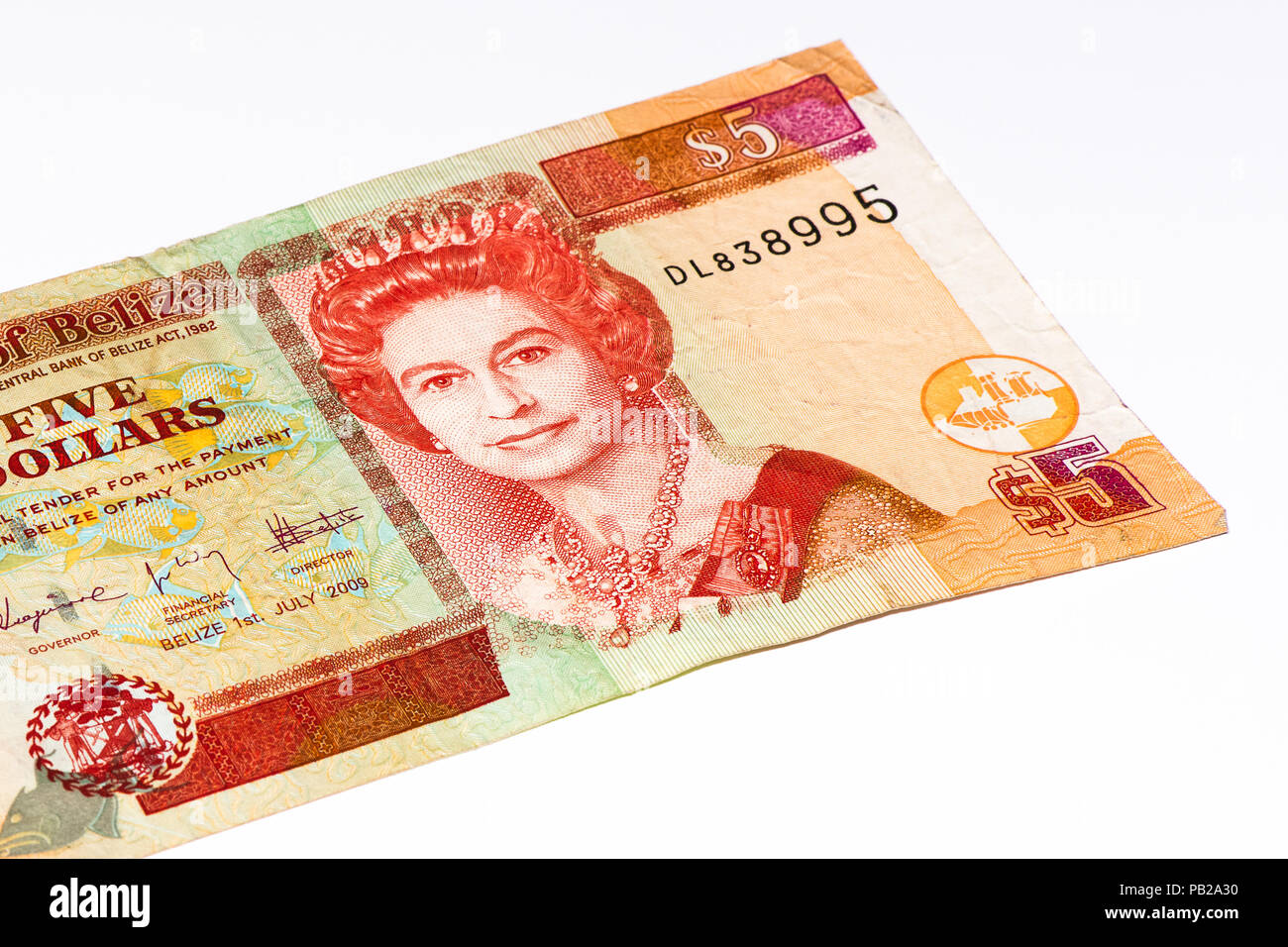 5 Belize dollars bank note. Belize dollar is the national currency of