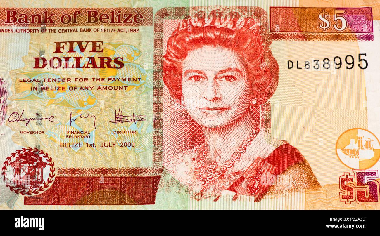 5 Belize dollars bank note. Belize dollar is the national currency of