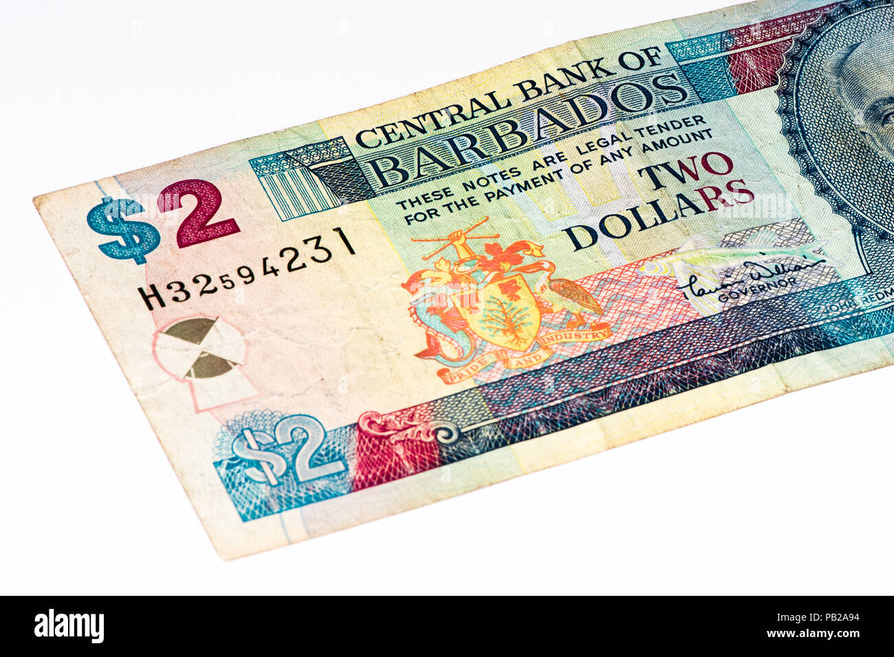 2 Barbadian dollar bank note. Barbadian dollars in the national currency of Barbados Stock Photo