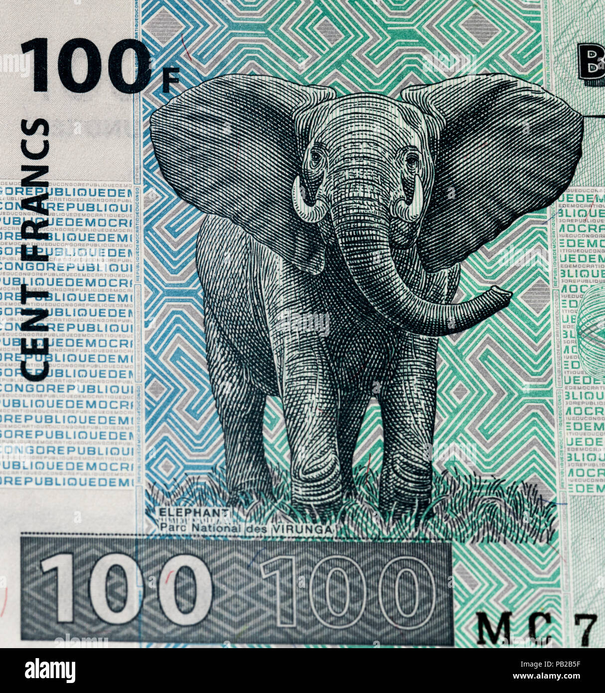 100 Congolese francs bank note of Congo. Congoles franc is the national