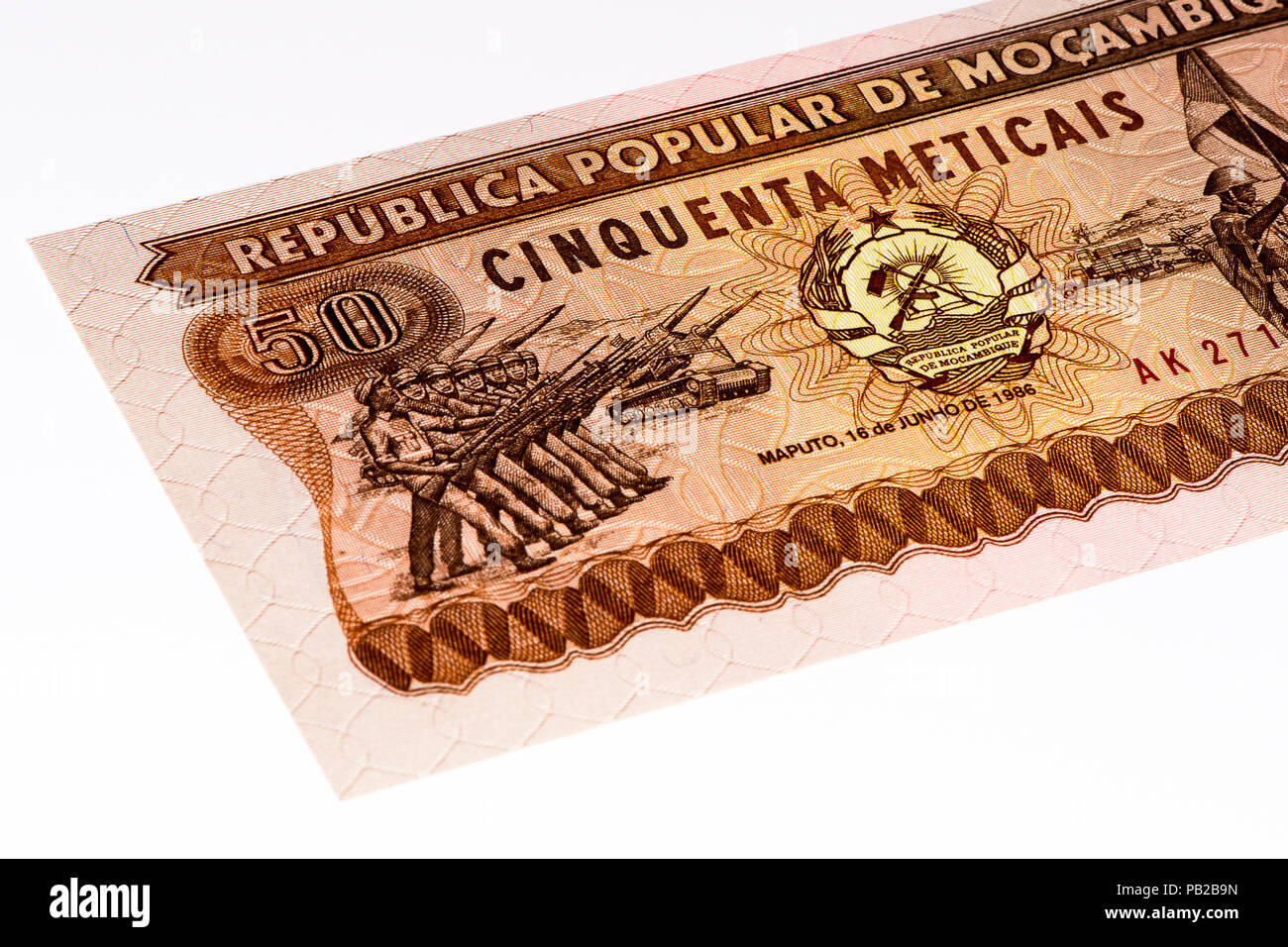 50 Mozambican metical bank note. Mozambican metical is the national