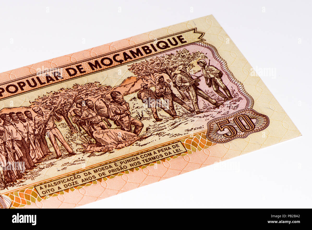 50 Mozambican metical bank note. Mozambican metical is the national