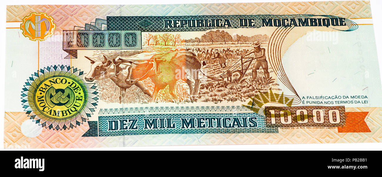 10000 Mozambican escudos bank note. Mozambican escudo is former currency of Mozambique Stock Photo