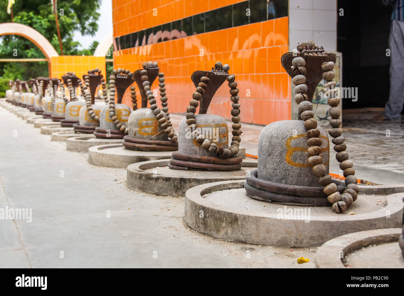 Hindu god Shiva's Shivling with decoration of Rudraksh. Shiv Ling decorated with rudrakhs. Stock Photo