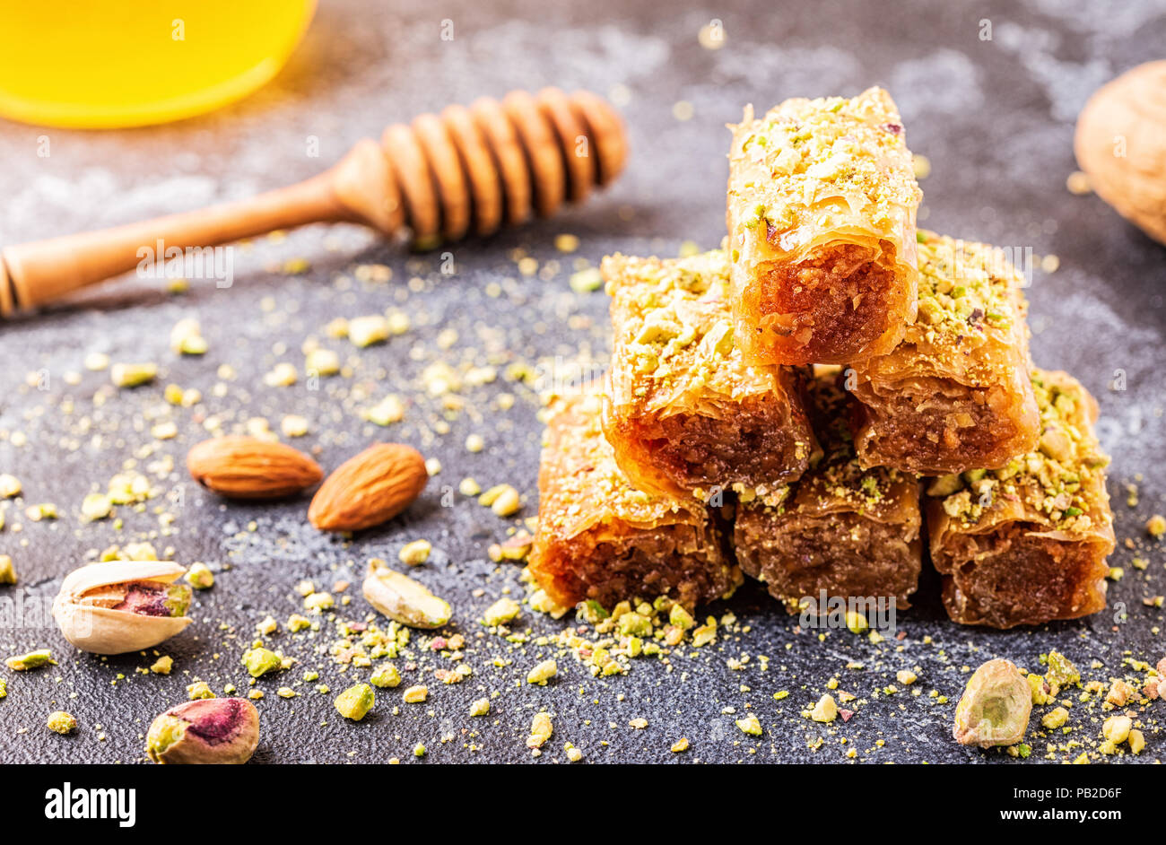 Homemade baklava with nuts and honey, selective focus Stock Photo Alamy