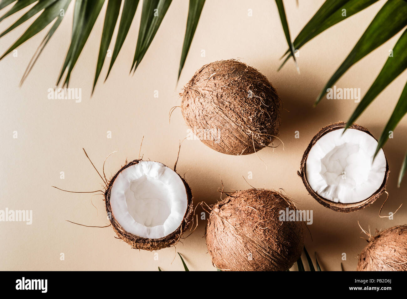 Coconuts on a pastel background, top view. Stock Photo