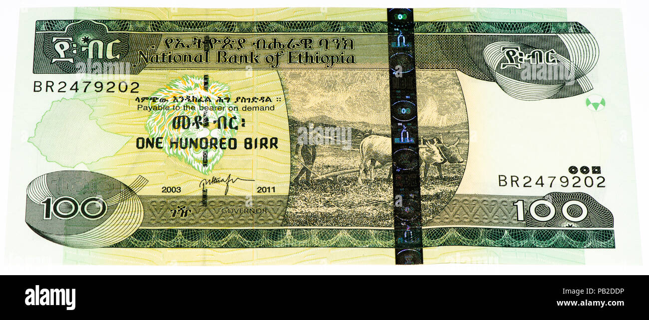 100 Ethiopian birr bank note. Birr is the national currency of Ethiopia
