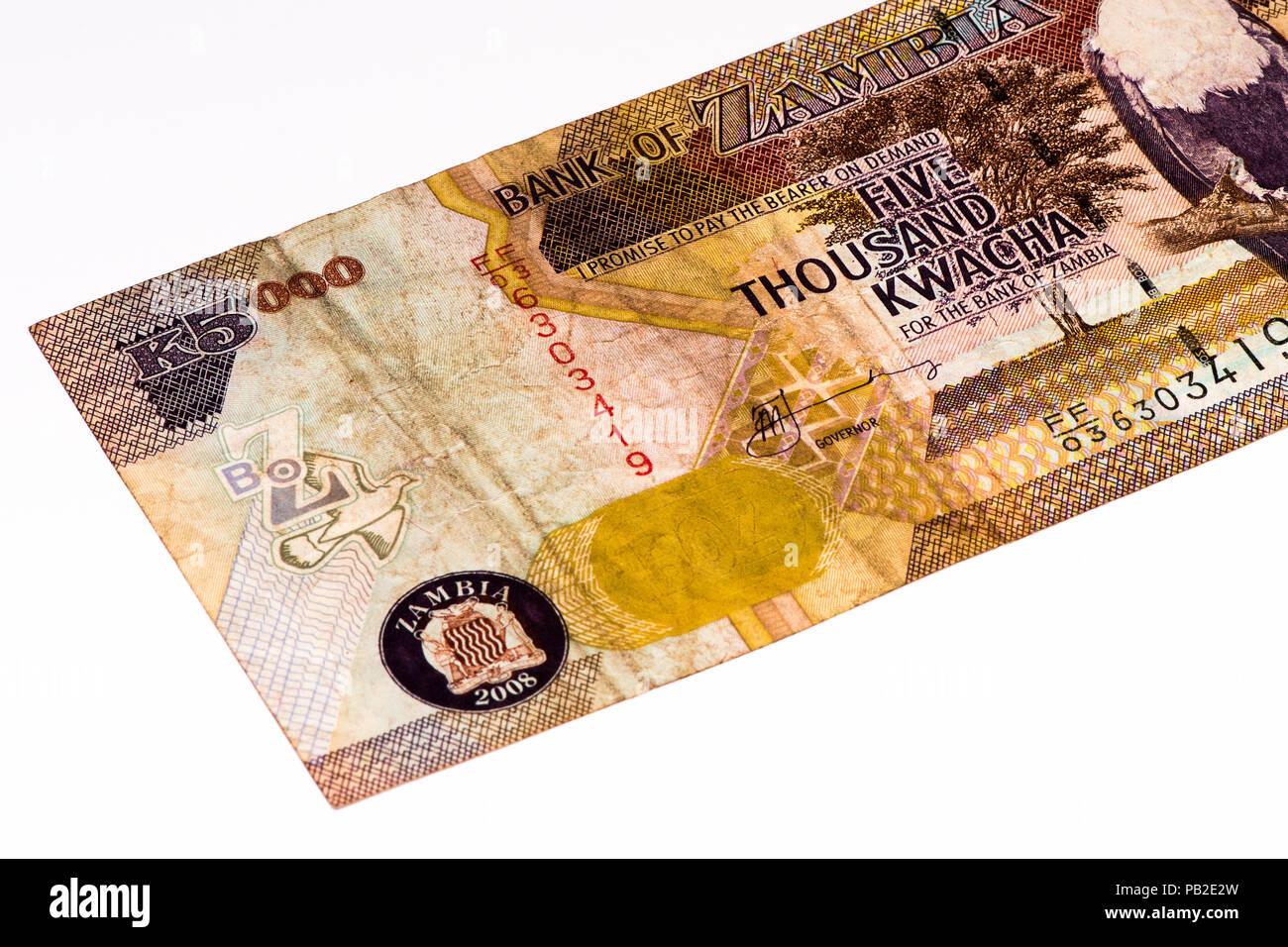 5000 Zambian kwach bank note. Zambian kwacha is the national currency of Zambia Stock Photo