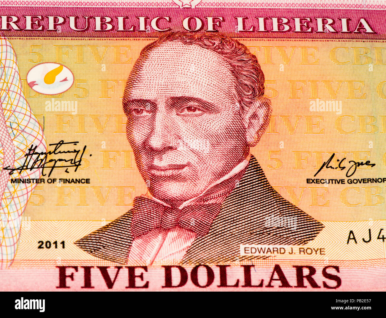 5 Liberian dollars bank note. Liberian dollars is the national currency