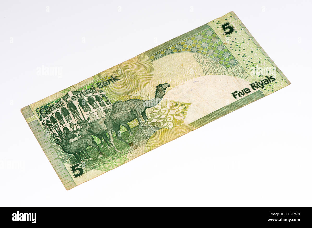 5 Qatari riyal bank note. Riyal is the national currency of Qatar Stock