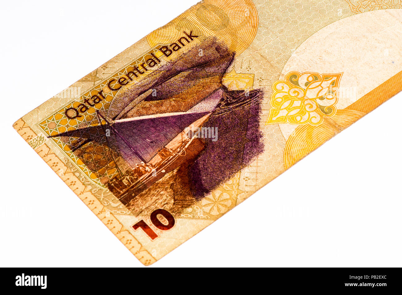 10 Qatari riyal bank note. Riyal is the national currency of Qatar