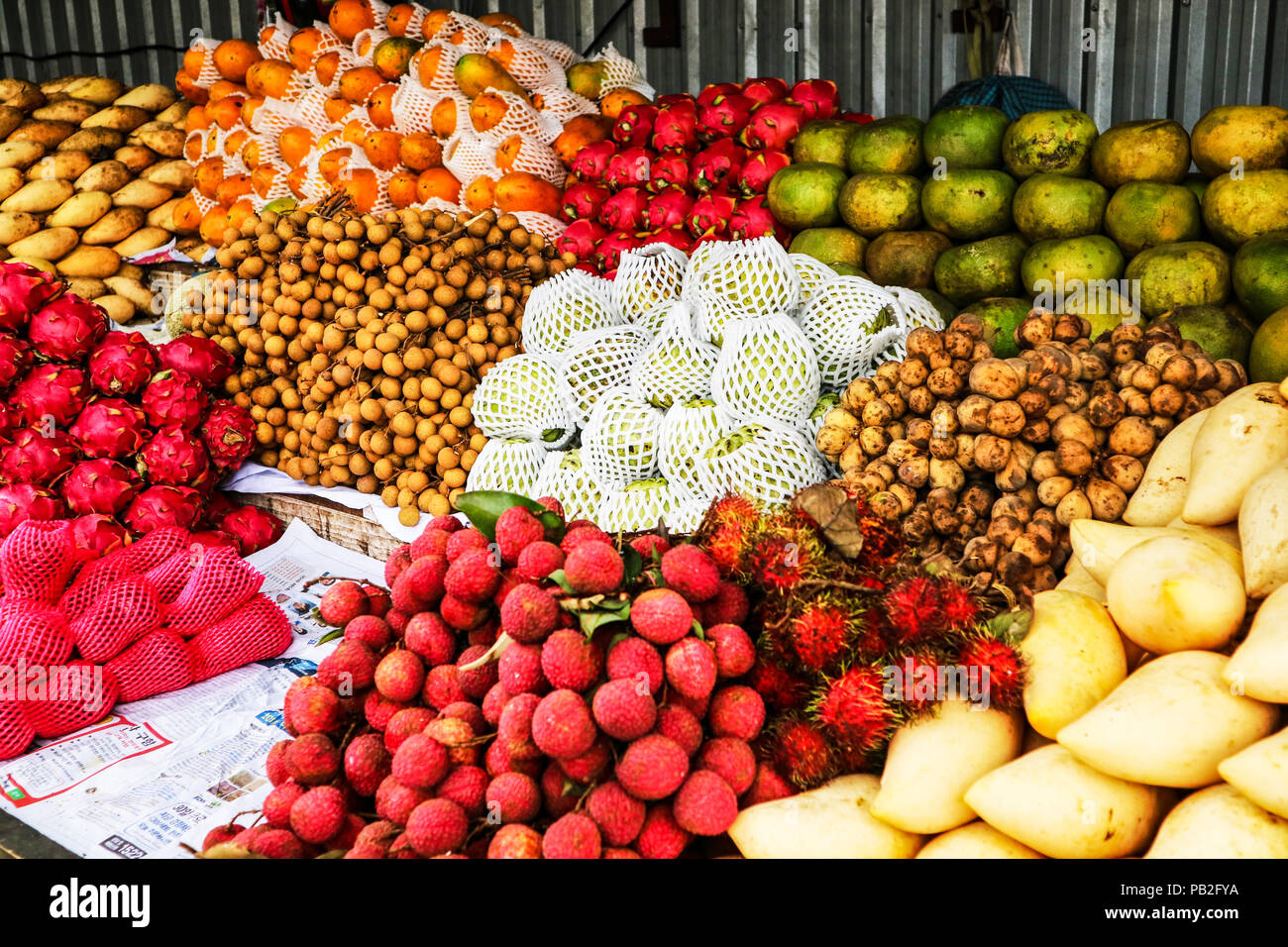 fruits on street market for tourist, mango, orange, Longkong, Longan