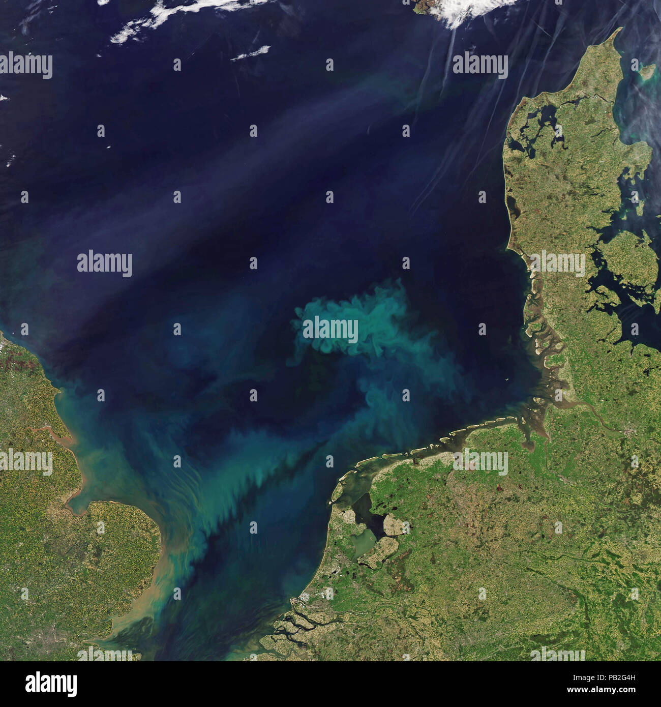 NASA satellite image of phytoplankton bloom in the North Sea, May 6, 2018 Stock Photo