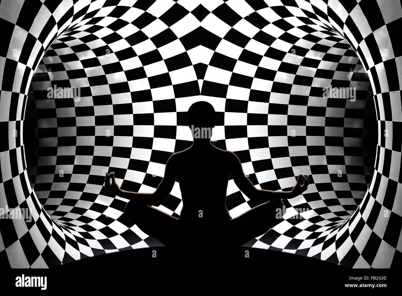 Female yoga figure in front of two dark tunnels before the decision which is the right choice. Stock Photo