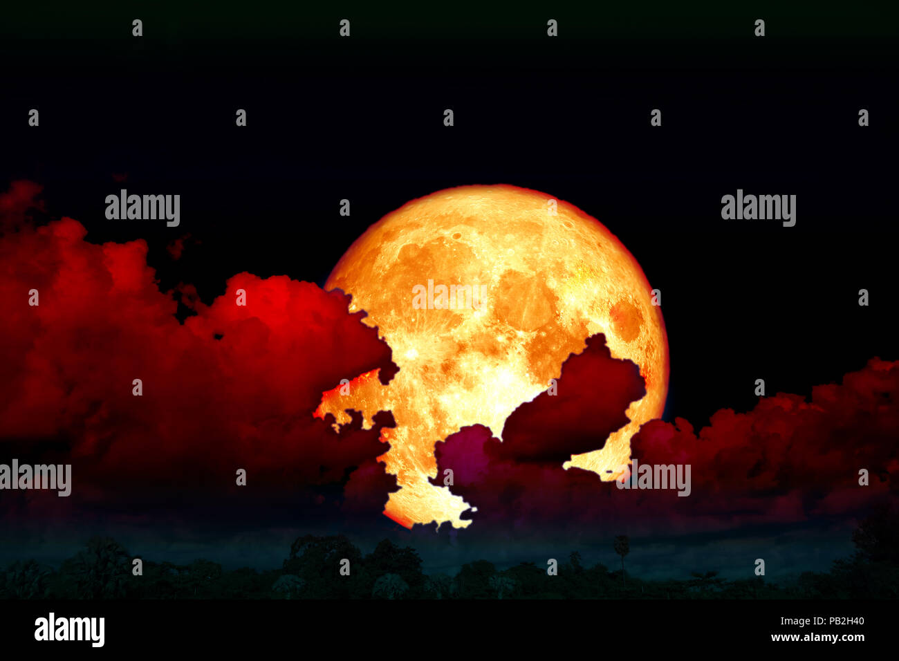 full strawberry moon back silhouette cloud in night sky, Elements of