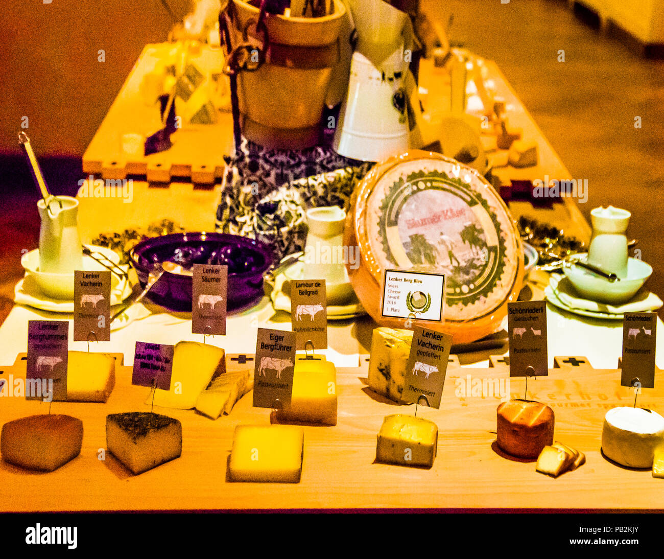 Cheese Buffet of Hotel Lenkerhof, Lenk, Switzerland Stock Photo