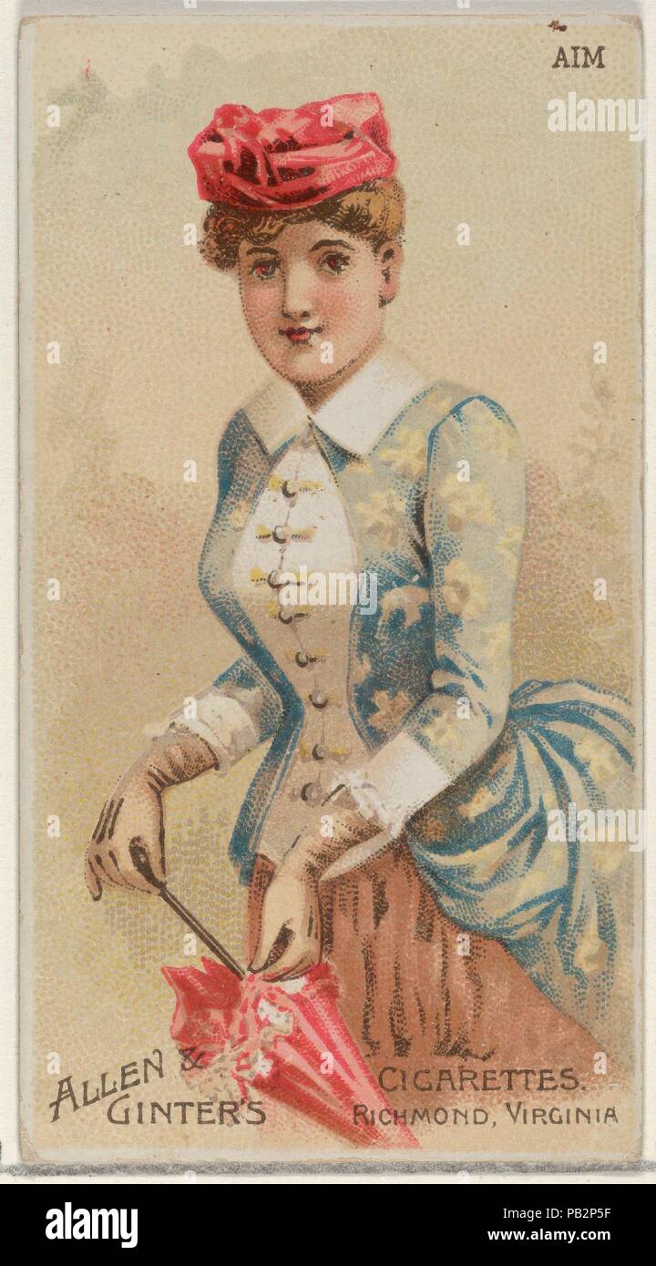 Aim, from the Parasol Drills series (N18) for Allen & Ginter Cigarettes Brands. Dimensions: Sheet: 2 3/4 x 1 1/2 in. (7 x 3.8 cm). Lithographer: Schumacher & Ettlinger (New York). Publisher: Allen & Ginter (American, Richmond, Virginia). Date: 1888.  Trade cards from the 'Parasol Drill' series (N18), issued in 1888 in a set of 50 cards to promote Allen & Ginter brand cigarettes. Museum: Metropolitan Museum of Art, New York, USA. Stock Photo