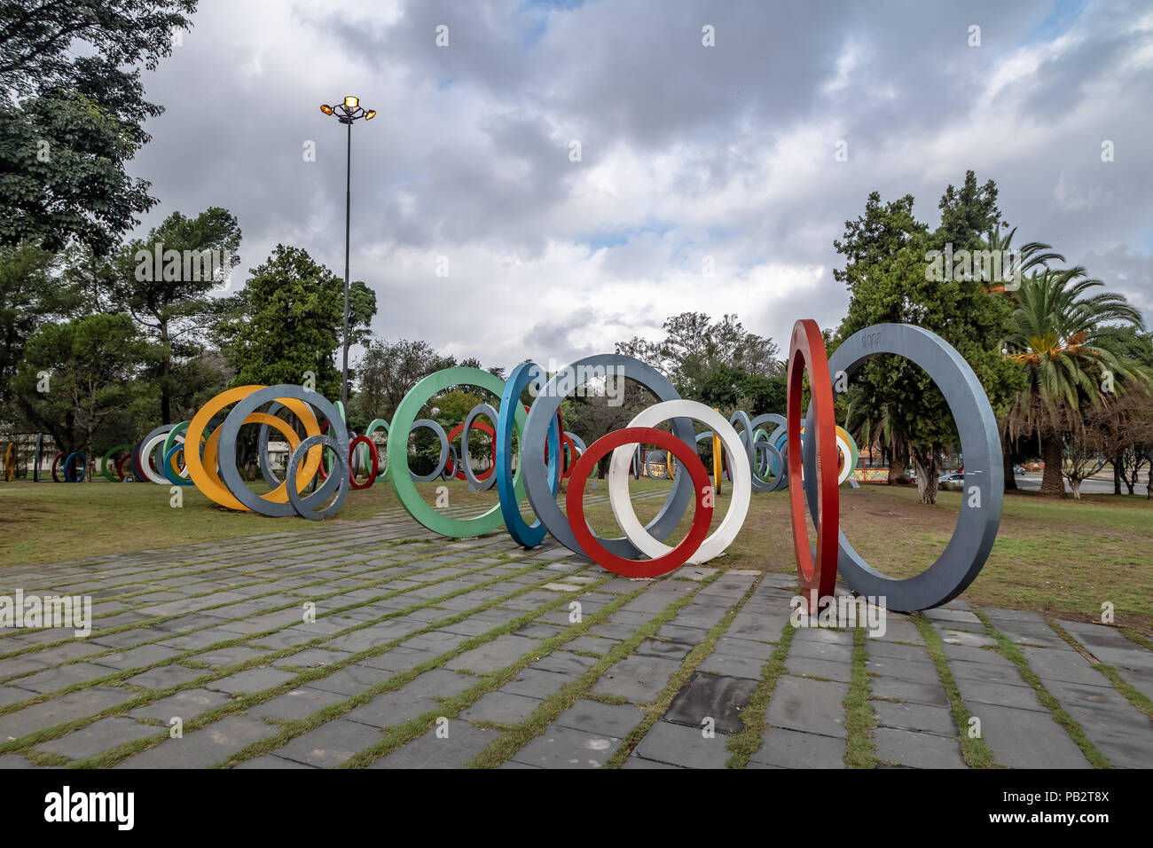 Bicentenary Square (Plaza del Bicententario) with rings telling the history of Argentina - Cordoba, Argentina Stock Photo