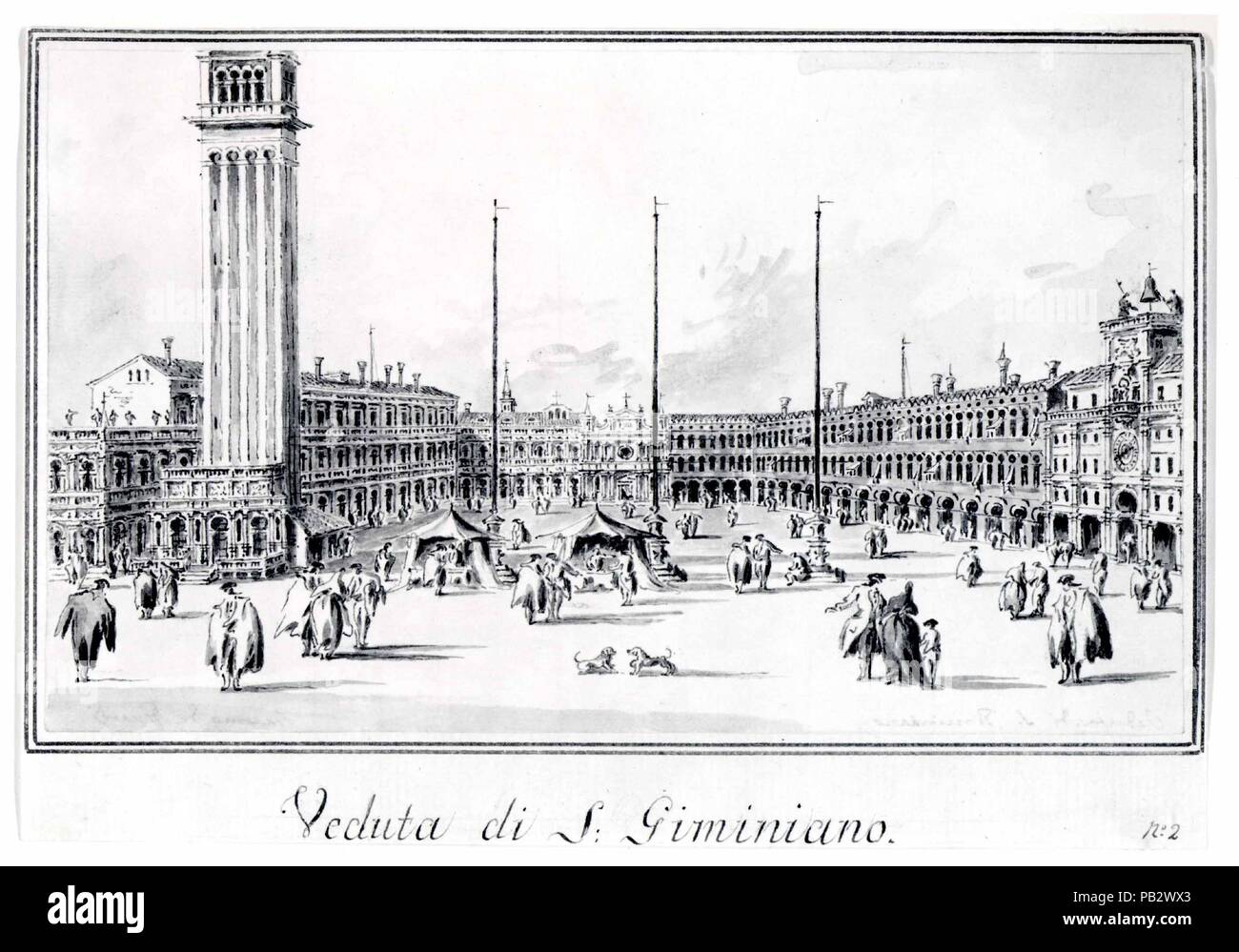 Piazza San Marco, Looking toward the Church of San Gemignano. Artist: Giacomo Guardi (Italian, Venice (?) 1764-1835 Venice (?)). Dimensions: 4 15/16 x 8 3/8 in.  (12.6 x 21.2 cm). Date: ca. 1804-28.  This is one of a series of drawings, all in pen and ink, and gray wash, that formed part of an album housing forty-eight views of Venice and the surrounding islands.  Recognizing the market incentive to produce rather prosaic drawings as keepsakes for visiting tourists, Giacomo made numerous such albums, repeating the compositions as necessary. The view of the Piazza San Marco, which begins the nu Stock Photo