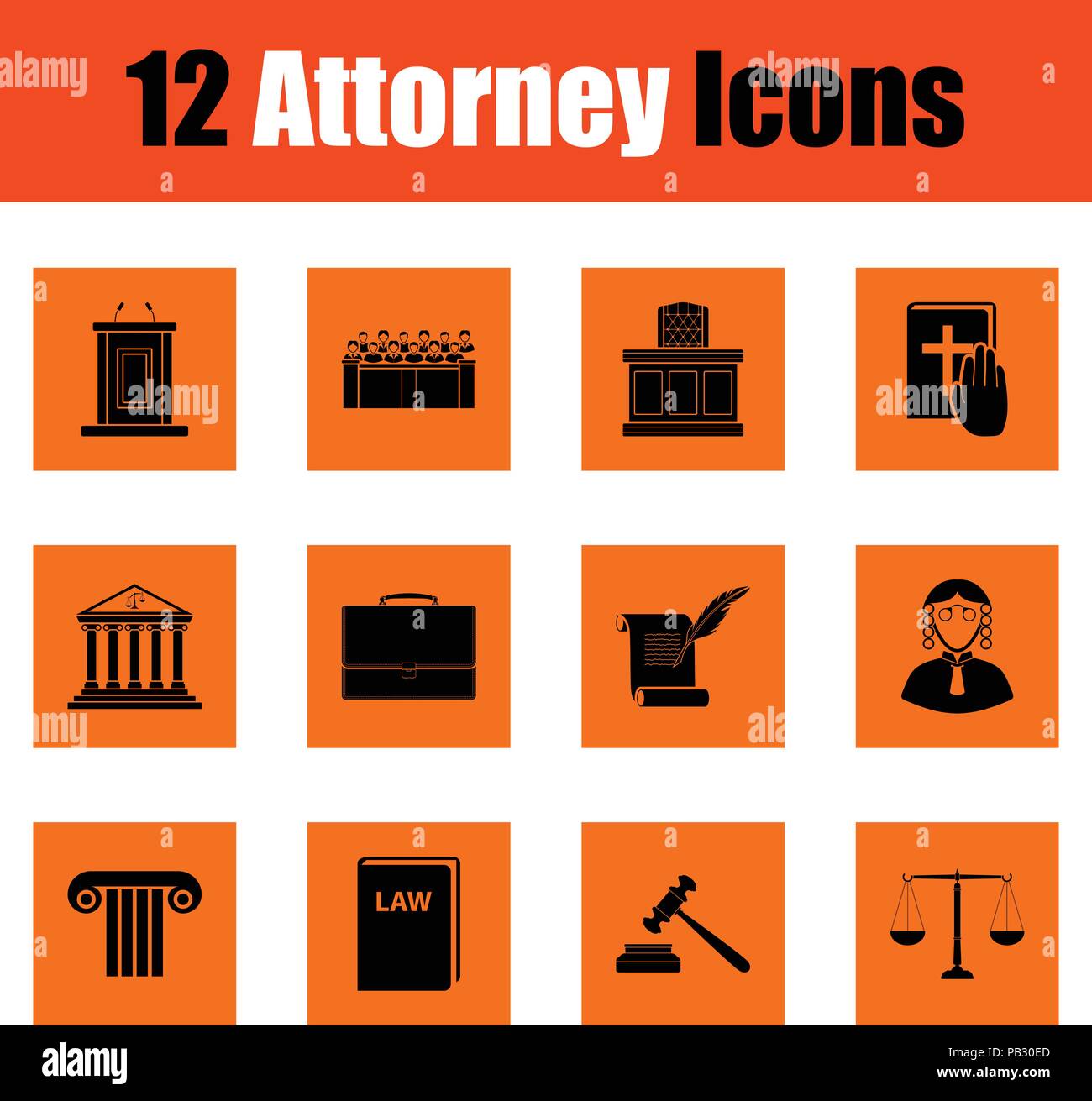 Set of attorney  icons. Orange design. Vector illustration. Stock Vector