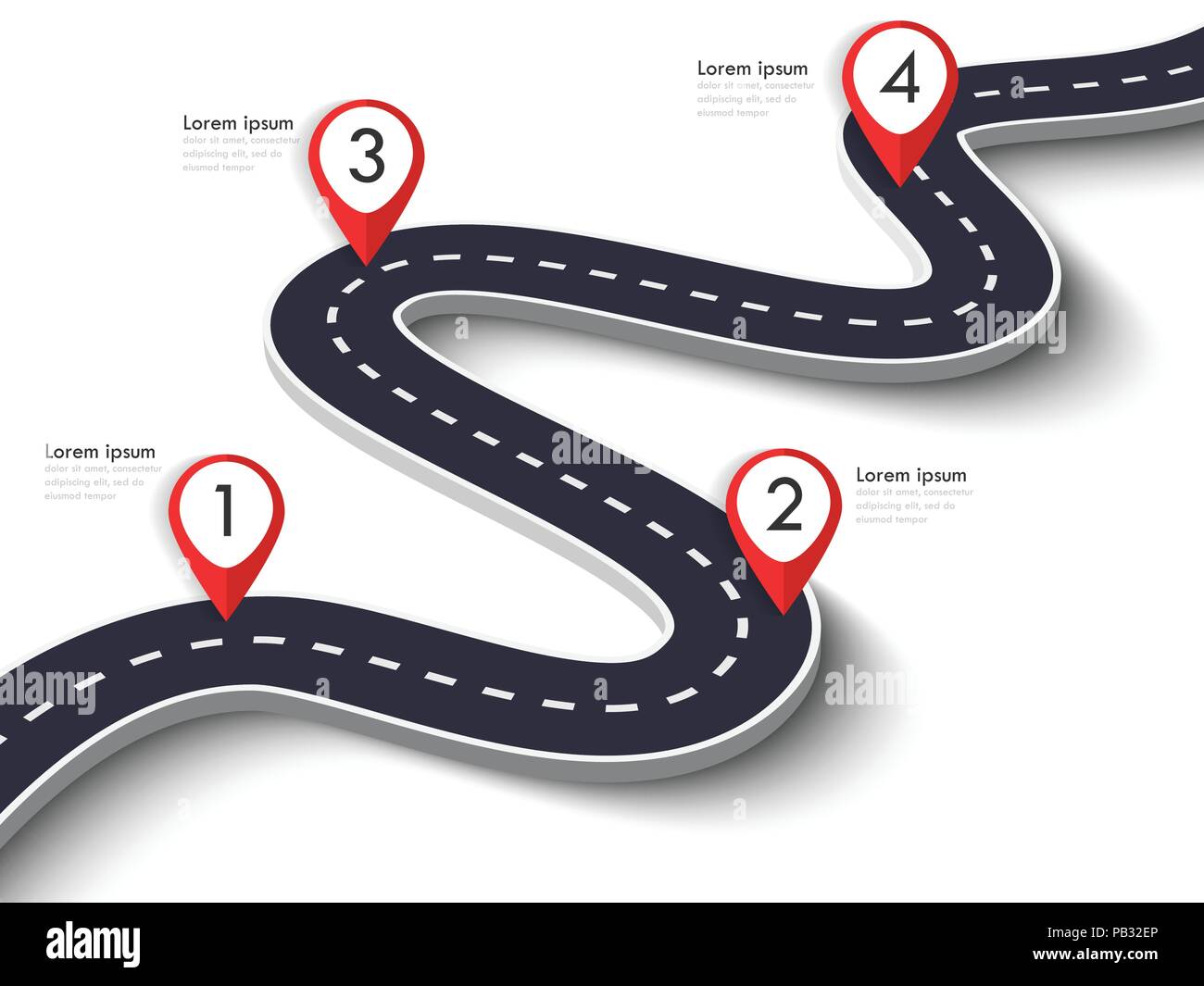 Winding Road on a White Isolated Background. Road way location infographic template with pin pointer. Vector EPS 10 Stock Vector