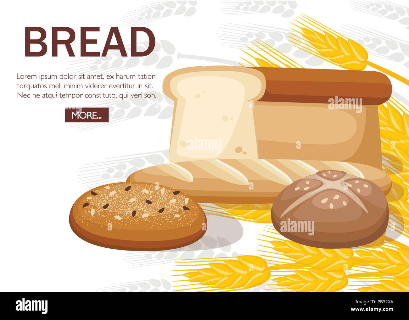 Group of bakery bread. Wheat bread, french baguette, ciabatta, toast bread. Concept design for bakery. Flat vector illustration on white background wi Stock Vector