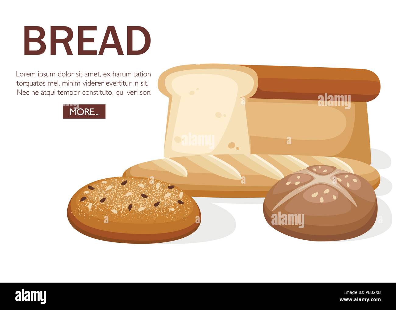 Group of bakery bread. Wheat bread, french baguette, ciabatta, toast bread. Concept design for bakery. Flat vector illustration on white background. D Stock Vector